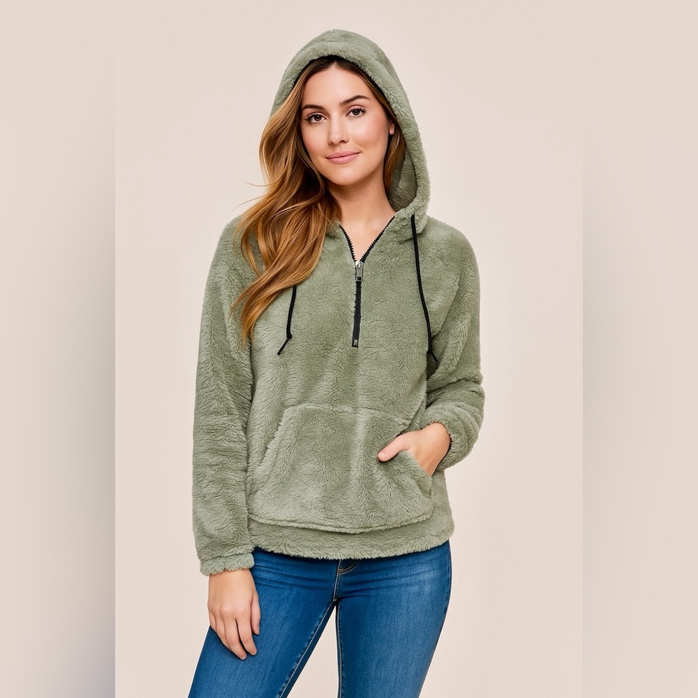Victoria’s Secret Pink Women Sherpa Half Zip Hoodie Kangaroo Pocket Sage Gray S
